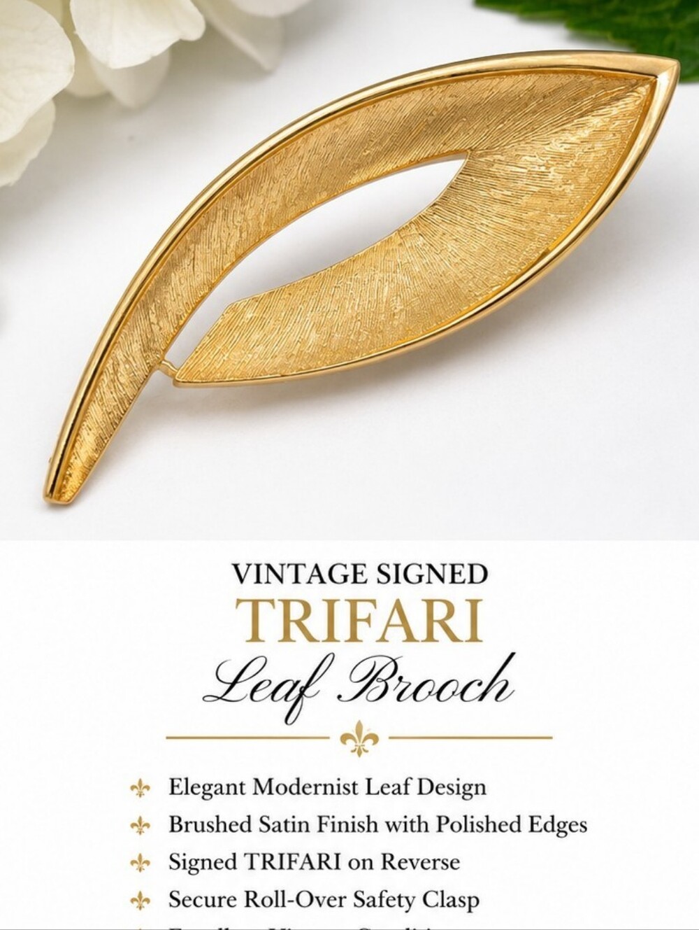 Vintage Signed Trifari Gold Tone Modernist Leaf Brooch Mid Century Designer
